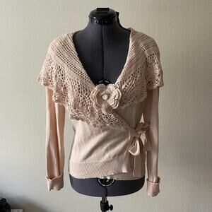 90s y2k cream floral crochet fairy sweater boho cottage dainty ramie cotton m